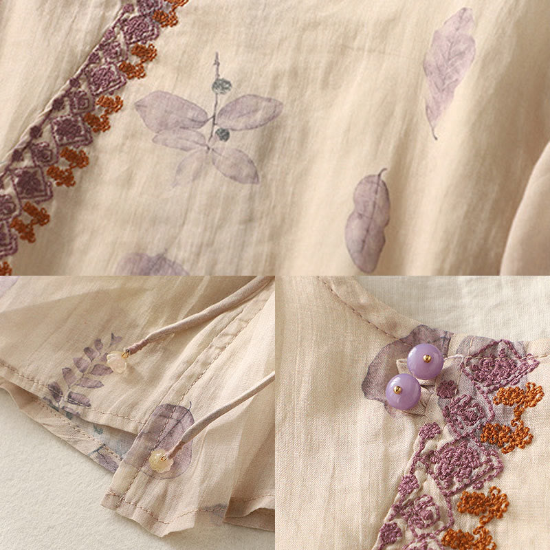 Buddha Stones刺繍デザイン 葉柄 レディース コットンリネン 七分袖シャツ - image 11