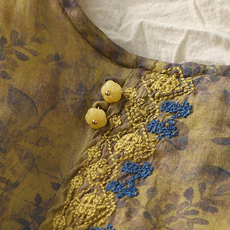 Buddha Stones刺繍デザイン 葉柄 レディース コットンリネン 七分袖シャツ - image 14