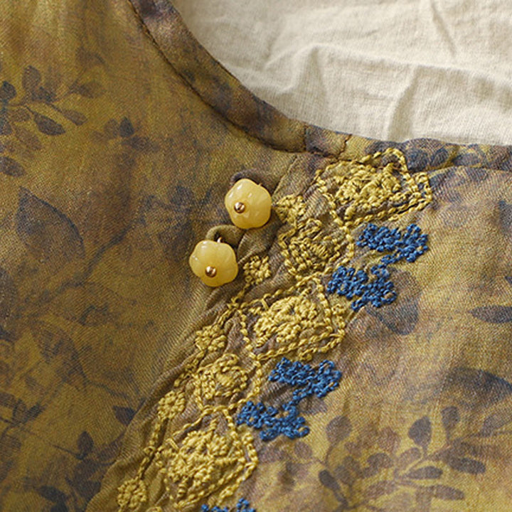 Buddha Stones刺繍デザイン 葉柄 レディース コットンリネン 七分袖シャツ - image 14