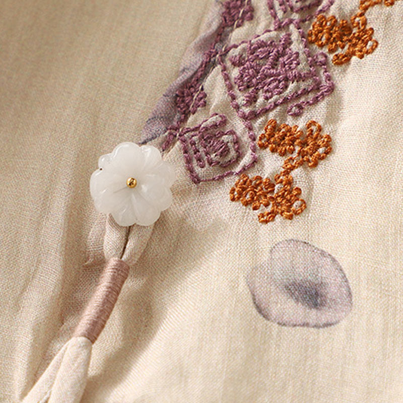 Buddha Stones刺繍デザイン 葉柄 レディース コットンリネン 七分袖シャツ - image 6