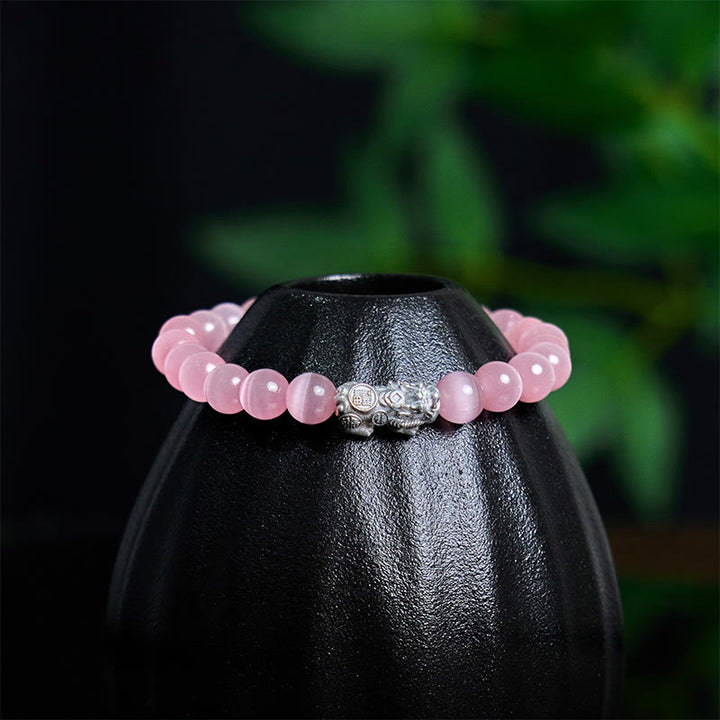 Buddha Stones天然キャッツアイビーズ990スターリングシルバーPiXiu幸運を呼ぶブレスレット