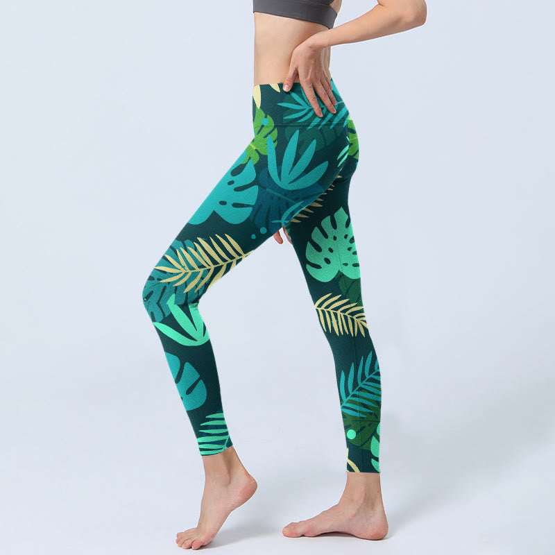 Buddha Stonesと様々な形の葉の模様プリントのジムレギンス レディース ヨガパンツ - image 3