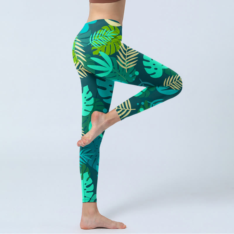 Buddha Stonesと様々な形の葉の模様プリントのジムレギンス レディース ヨガパンツ - image 5