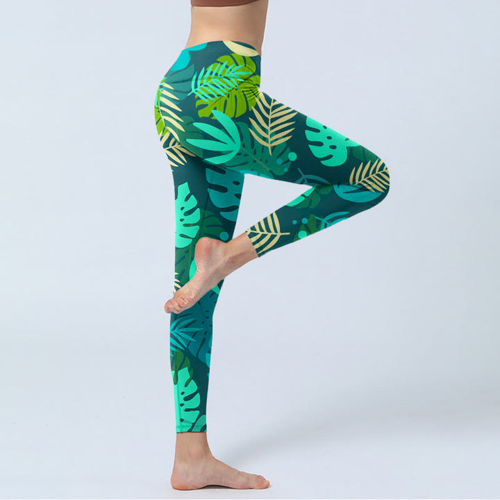 Buddha Stonesと様々な形の葉の模様プリントのジムレギンス レディース ヨガパンツ - image 5