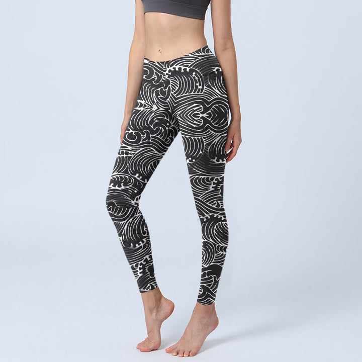 Buddha Stonesホワイトライン ウェーブ柄プリント ジムレギンス レディース ヨガパンツ - 黒 - US18、 UK/AU22、 EU50 (4XL) - image 1