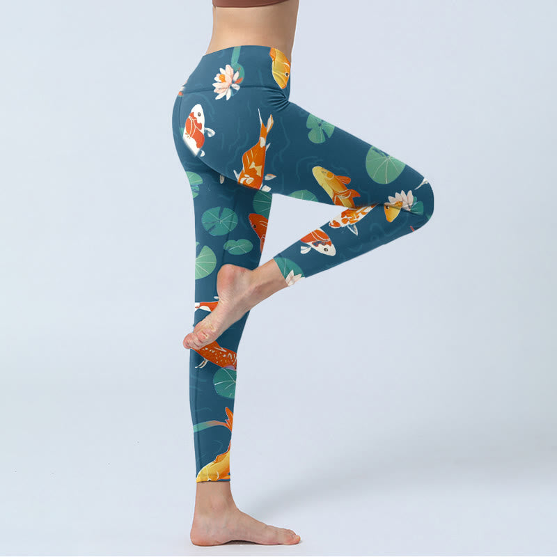 Buddha Stones、鯉、蓮の花、蓮の葉柄プリントのジムレギンス、レディースヨガパンツ - image 5