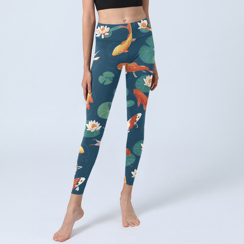 Buddha Stones、鯉、蓮の花、蓮の葉柄プリントのジムレギンス、レディースヨガパンツ - image 6