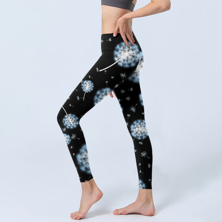 Buddha Stonesホワイトタンポポ柄プリント ジムレギンス レディース ヨガパンツ - image 3