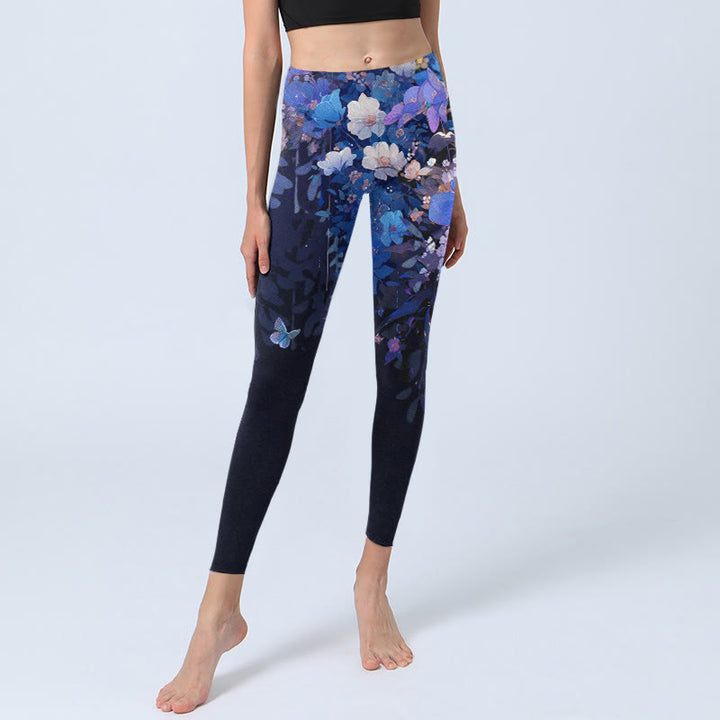 Buddha Stones紫色の花と蝶の模様プリント ジムレギンス レディース ヨガパンツ - image 6