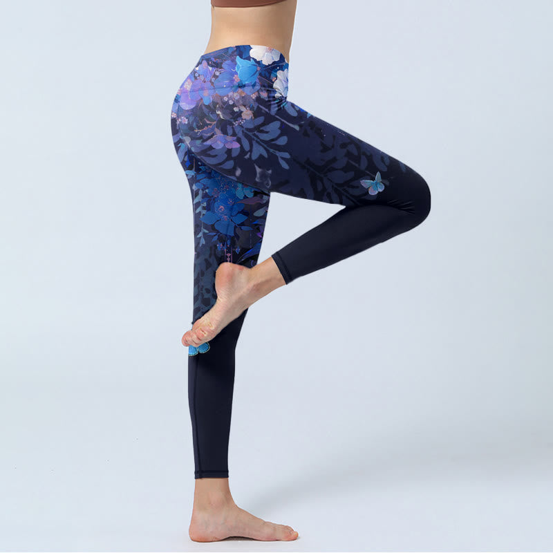 Buddha Stones紫色の花と蝶の模様プリント ジムレギンス レディース ヨガパンツ - image 5