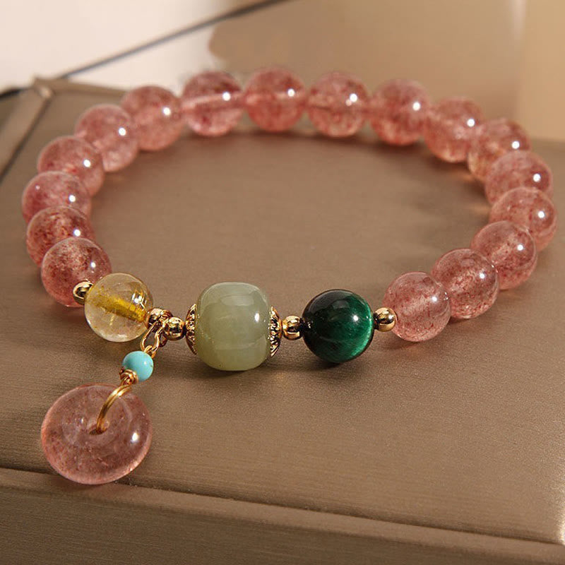 Buddha Stones天然ストロベリークォーツ ピースバックル 翡翠 ポジティブブレスレット
