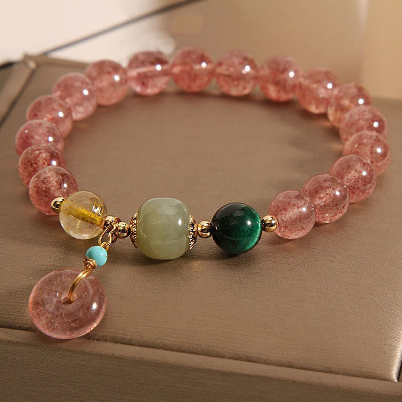 Buddha Stones天然ストロベリークォーツ ピースバックル 翡翠 ポジティブブレスレット