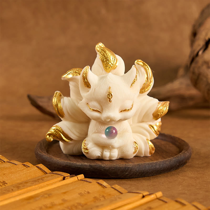 Buddha Stones九尾の狐の彫刻 象牙 フルーツスタンド ホームデコレーション - アイボリーフルーツゴールデンフォックス7.5×5.5cm - image 0