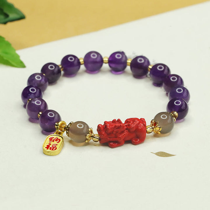 Buddha Stones天然アメジスト辰砂 ピ秀夫キャラクターバランスブレスレット