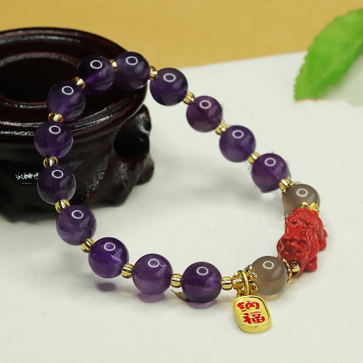 Buddha Stones天然アメジスト辰砂 ピ秀夫キャラクターバランスブレスレット
