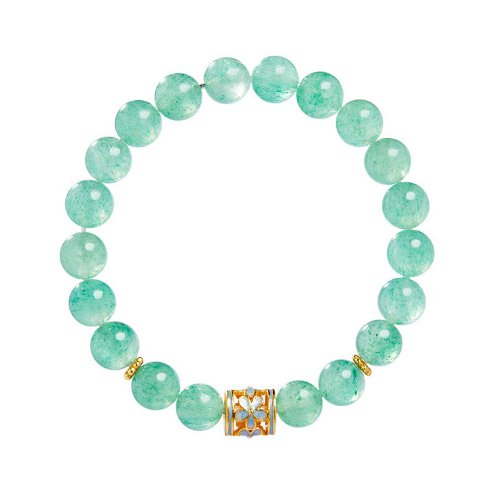 Buddha Stones925スターリングシルバー グリーンストロベリークォーツ フラワーカームブレスレット