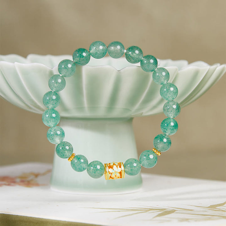 Buddha Stones925スターリングシルバー グリーンストロベリークォーツ フラワーカームブレスレット