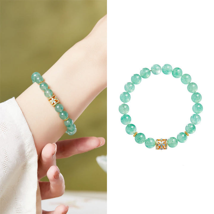 Buddha Stones925スターリングシルバー グリーンストロベリークォーツ フラワーカームブレスレット