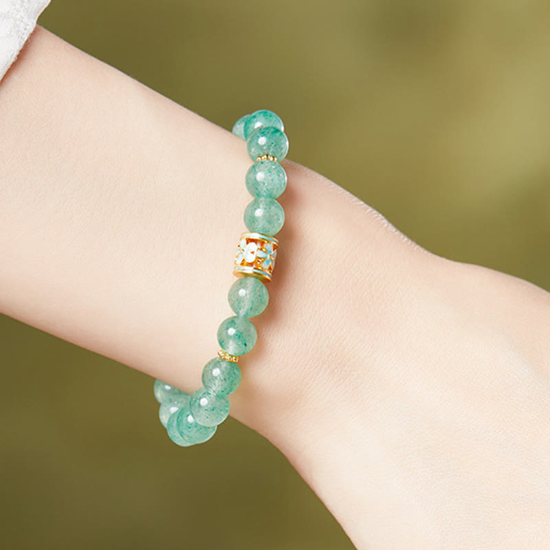 Buddha Stones925スターリングシルバー グリーンストロベリークォーツ フラワーカームブレスレット