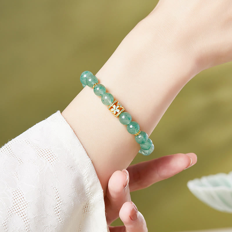 Buddha Stones925スターリングシルバー グリーンストロベリークォーツ フラワーカームブレスレット