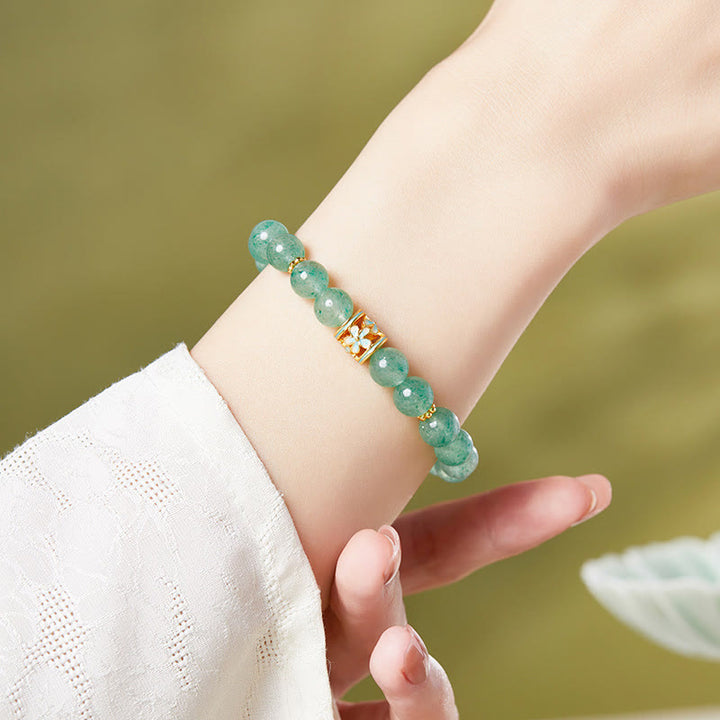 Buddha Stones925スターリングシルバー グリーンストロベリークォーツ フラワーカームブレスレット
