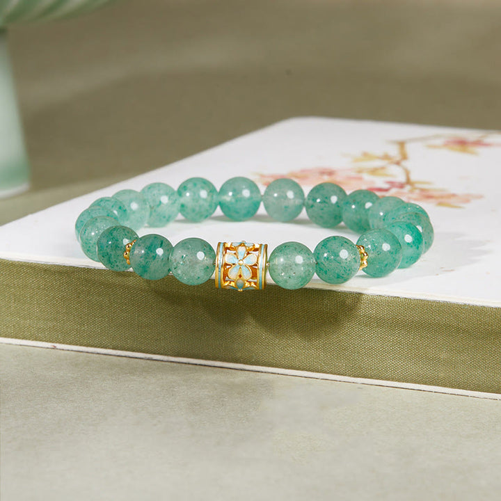 Buddha Stones925スターリングシルバー グリーンストロベリークォーツ フラワーカームブレスレット