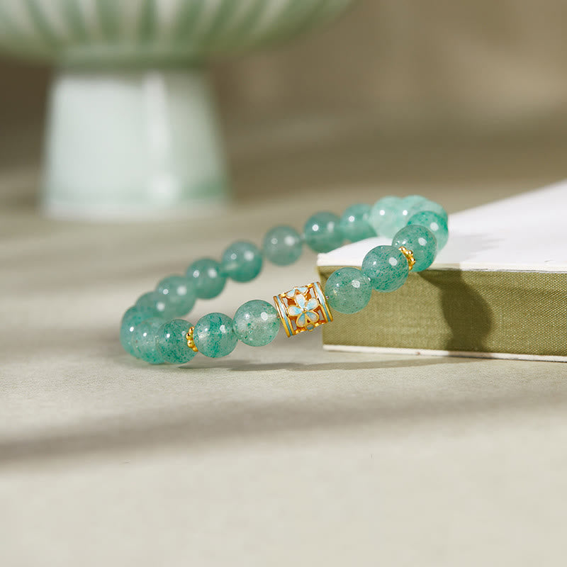 Buddha Stones925スターリングシルバー グリーンストロベリークォーツ フラワーカームブレスレット