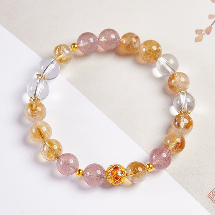 Buddha Stones 999スターリングシルバー シトリン ストロベリークォーツ ホワイトクリスタル プロテクションブレスレット