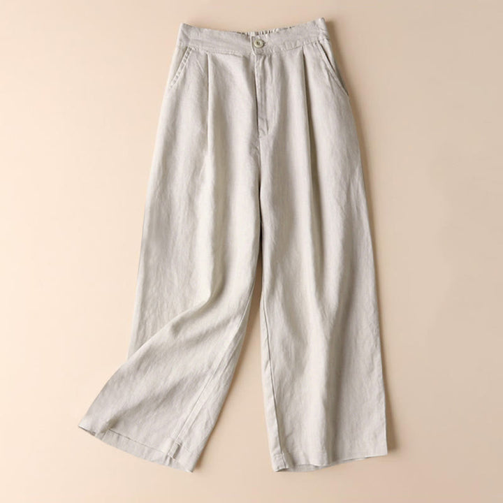 Buddha Stones通勤用 無地 ドローストリング 7-8丈 コットンリネン レディース ワイドレッグパンツ ポケット付き - リネン - US12、 UK/AU16、 EU44 (3XL) - image 0