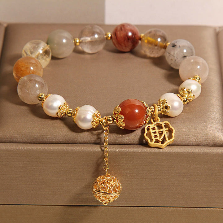 Buddha Stones天然ルチルクォーツパール幸運富を引き寄せるブレスレット
