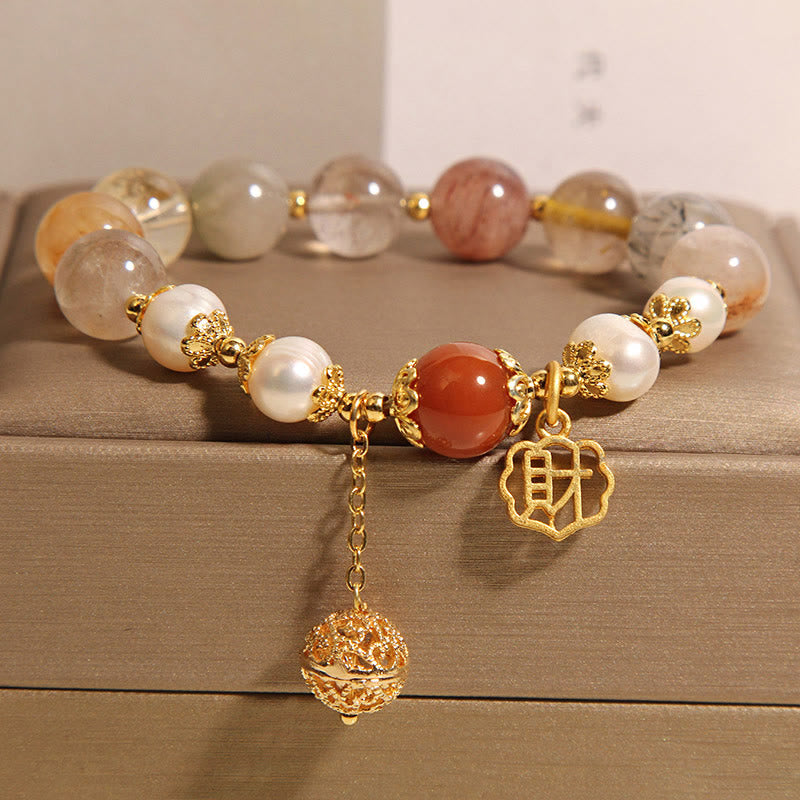 Buddha Stones天然ルチルクォーツパール幸運富を引き寄せるブレスレット