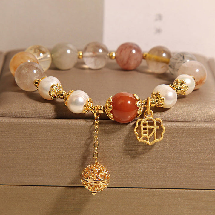 Buddha Stones天然ルチルクォーツパール幸運富を引き寄せるブレスレット