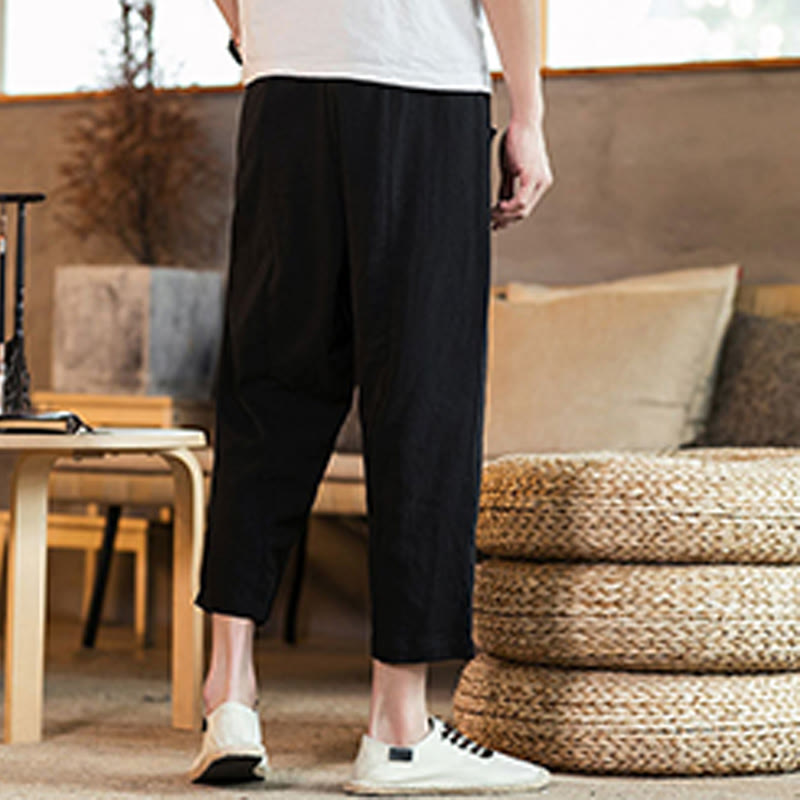 Buddha Stonesカジュアル 無地 ドローストリング メンズ 伸縮性ウエストバンド コットンリネン パンツ ポケット付き - image 29