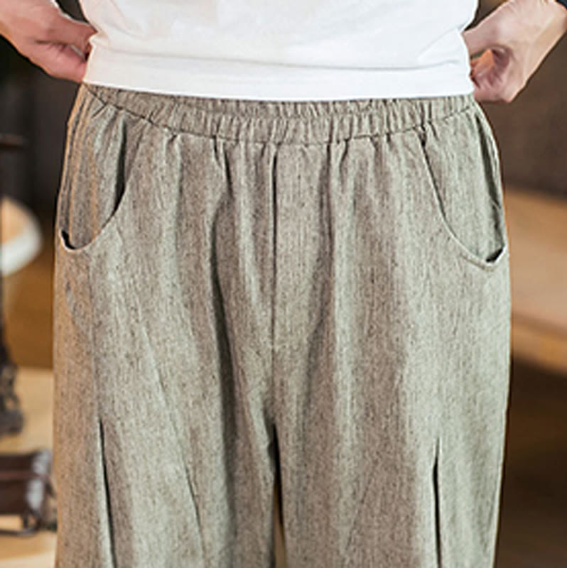 Buddha Stonesカジュアル 無地 ドローストリング メンズ 伸縮性ウエストバンド コットンリネン パンツ ポケット付き - image 8