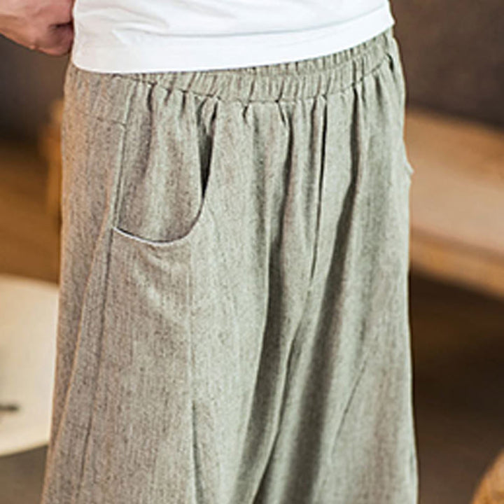 Buddha Stonesカジュアル 無地 ドローストリング メンズ 伸縮性ウエストバンド コットンリネン パンツ ポケット付き - image 10