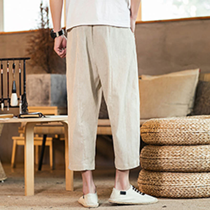 Buddha Stonesカジュアル 無地 ドローストリング メンズ 伸縮性ウエストバンド コットンリネン パンツ ポケット付き - image 42