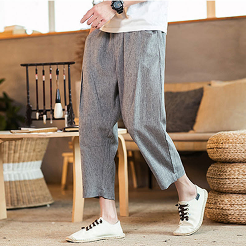 Buddha Stonesカジュアル 無地 ドローストリング メンズ 伸縮性ウエストバンド コットンリネン パンツ ポケット付き - image 20