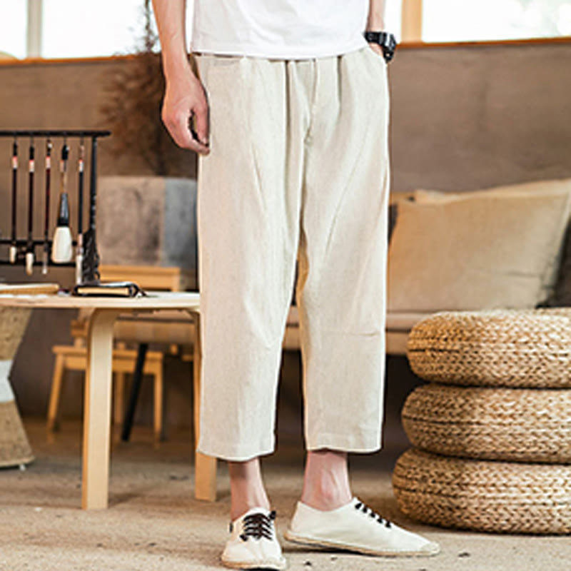 Buddha Stonesカジュアル 無地 ドローストリング メンズ 伸縮性ウエストバンド コットンリネン パンツ ポケット付き - image 43