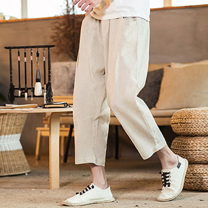 Buddha Stonesカジュアル 無地 ドローストリング メンズ 伸縮性ウエストバンド コットンリネン パンツ ポケット付き - image 44