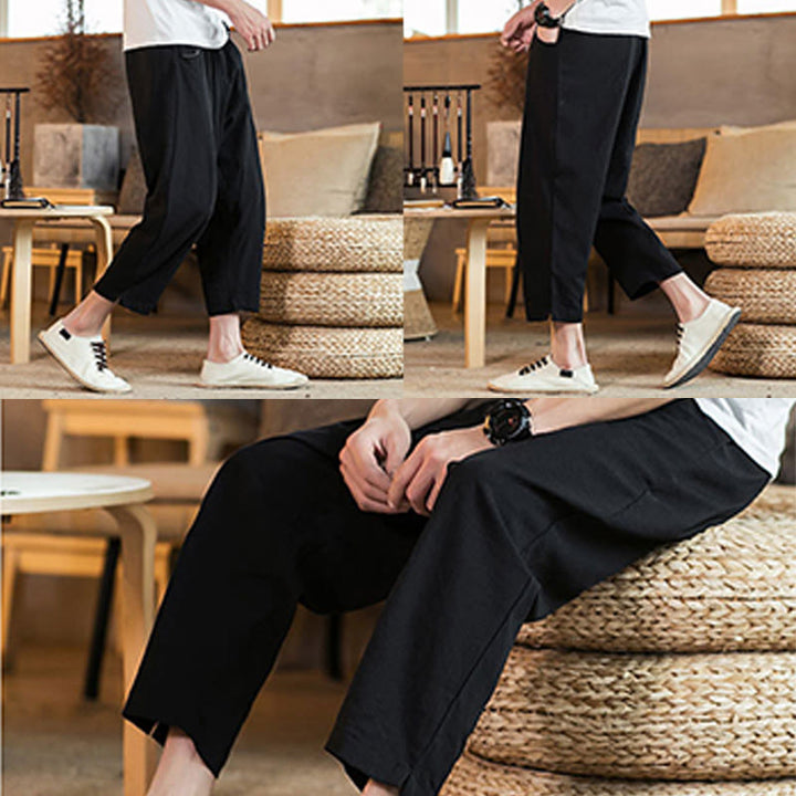 Buddha Stonesカジュアル 無地 ドローストリング メンズ 伸縮性ウエストバンド コットンリネン パンツ ポケット付き - image 32