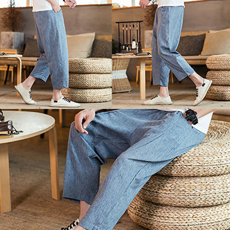 Buddha Stonesカジュアル 無地 ドローストリング メンズ 伸縮性ウエストバンド コットンリネン パンツ ポケット付き - image 39