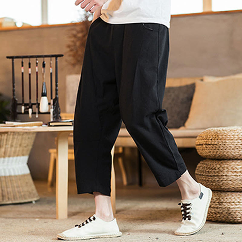 Buddha Stonesカジュアル 無地 ドローストリング メンズ 伸縮性ウエストバンド コットンリネン パンツ ポケット付き - image 28