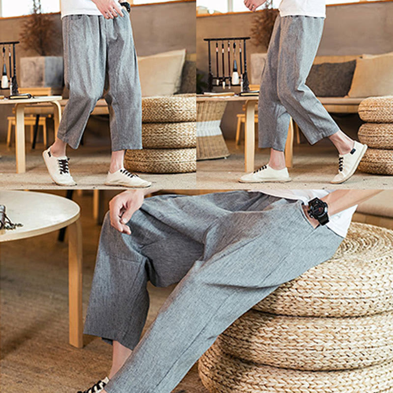 Buddha Stonesカジュアル 無地 ドローストリング メンズ 伸縮性ウエストバンド コットンリネン パンツ ポケット付き - image 25