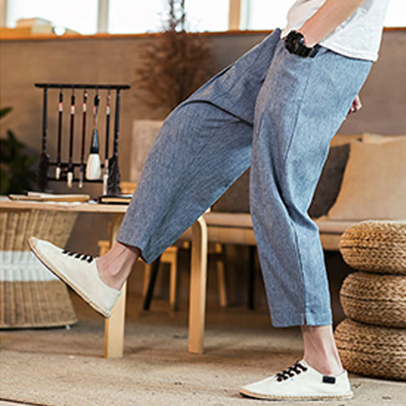 Buddha Stonesカジュアル 無地 ドローストリング メンズ 伸縮性ウエストバンド コットンリネン パンツ ポケット付き - image 38