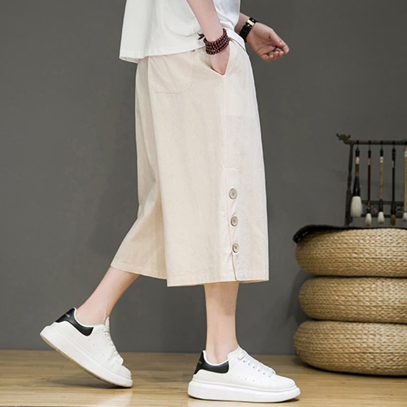 Buddha Stonesカジュアル 無地 サイドボタンデザイン ドローストリング メンズ コットン クロップドパンツ ポケット付き - image 6