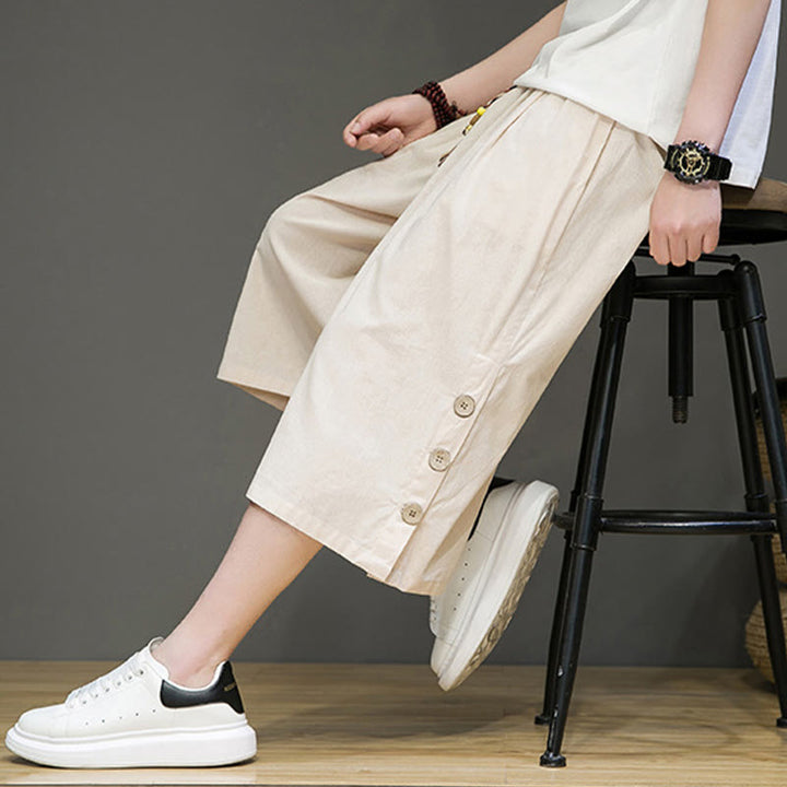 Buddha Stonesカジュアル 無地 サイドボタンデザイン ドローストリング メンズ コットン クロップドパンツ ポケット付き - image 7