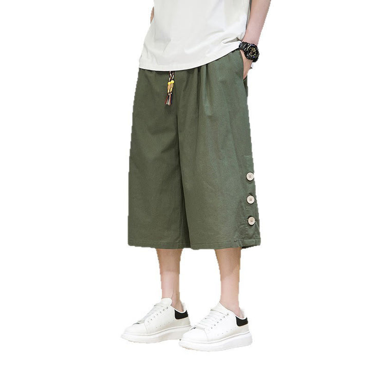 Buddha Stonesカジュアル 無地 サイドボタンデザイン ドローストリング メンズ コットン クロップドパンツ ポケット付き - image 28