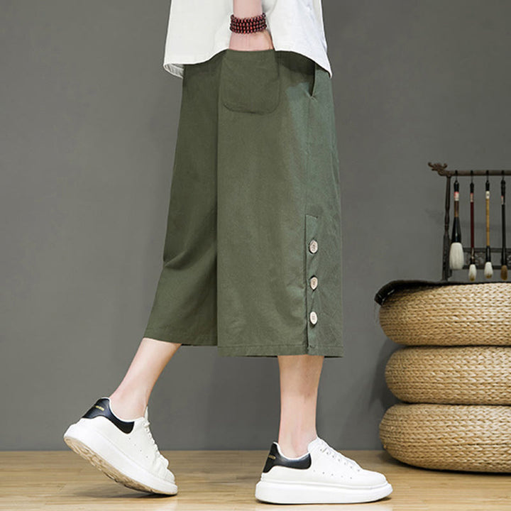 Buddha Stonesカジュアル 無地 サイドボタンデザイン ドローストリング メンズ コットン クロップドパンツ ポケット付き - image 22