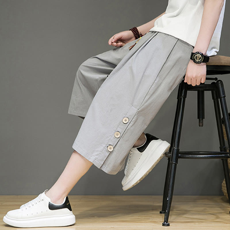 Buddha Stonesカジュアル 無地 サイドボタンデザイン ドローストリング メンズ コットン クロップドパンツ ポケット付き - image 36