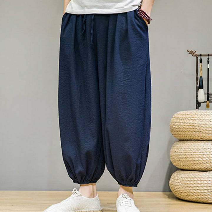 Buddha Stonesサマープレーンドローストリングメンズアンクル丈コットンハーレムパンツ（ポケット付き） - image 1